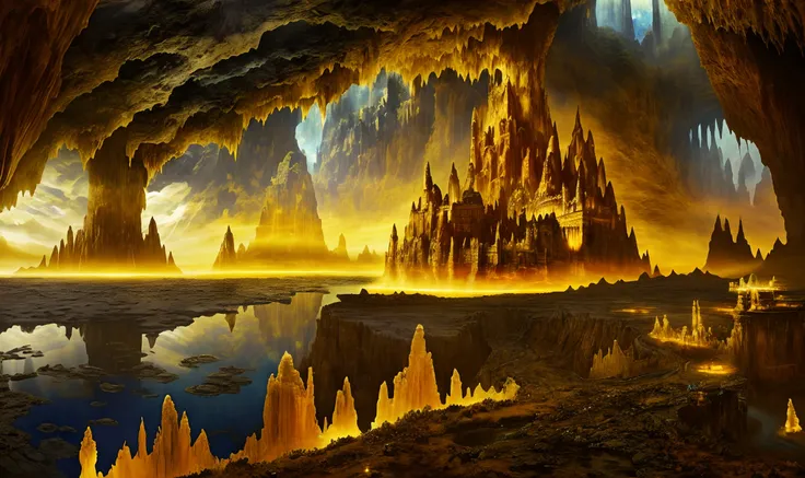 large amber castle, surreal cave landscape, amber city, earth landscape, planet of ores, underground crystals, earths, mine, rays of the sun in the distance, blue ice, mineral lake with interlocking rocks forming bridges to a golden tower in the center, ea...