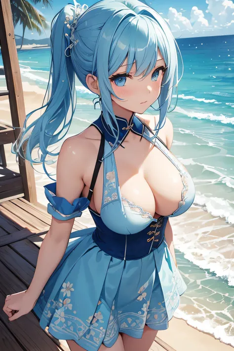 ​masterpiece、Background with（（sea side、sand beach））、15yo student、a beauty girl、lightblue hair、huge tit、Embroidery with attention to detail in the dress、skirt by the、perspiring、Hair wetness、Bunching hair、poneyTail、sexypose