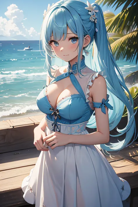 ​masterpiece、Background with（（sea side、sand beach））、15yo student、a beauty girl、lightblue hair、huge tit、Embroidery with attention to detail in the dress、skirt by the、perspiring、Hair wetness、Bunching hair、poneyTail、sexypose