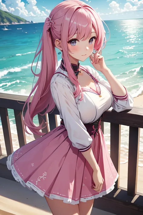 ​masterpiece、Background with（（sea side、sand beach））、15yo student、a beauty girl、Pink hair、huge tit、Embroidery with attention to detail in the dress、skirt by the、perspiring、Hair wetness、Bunching hair、poneyTail、sexypose