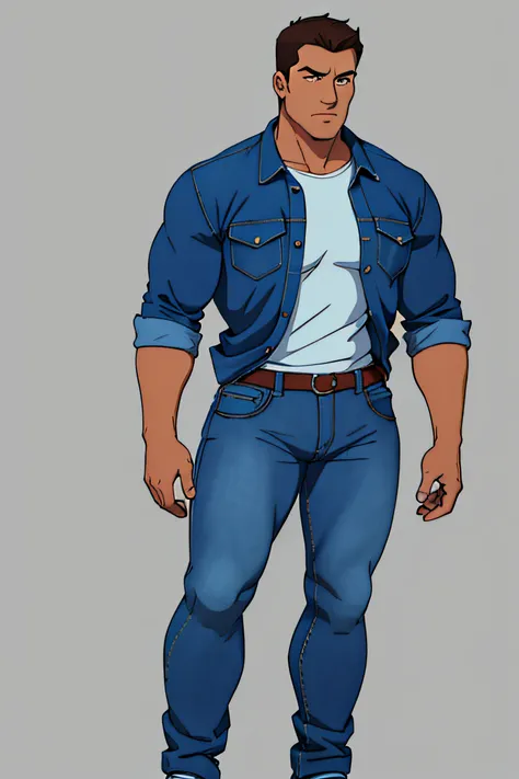 a cartoon of a man in a blue shirt and jeans, wearing a shirt and a jean, full body details, male character design, full body illustration, full body character, full body character portrait, wearing jeans, character full body portrait, wearing casual cloth...