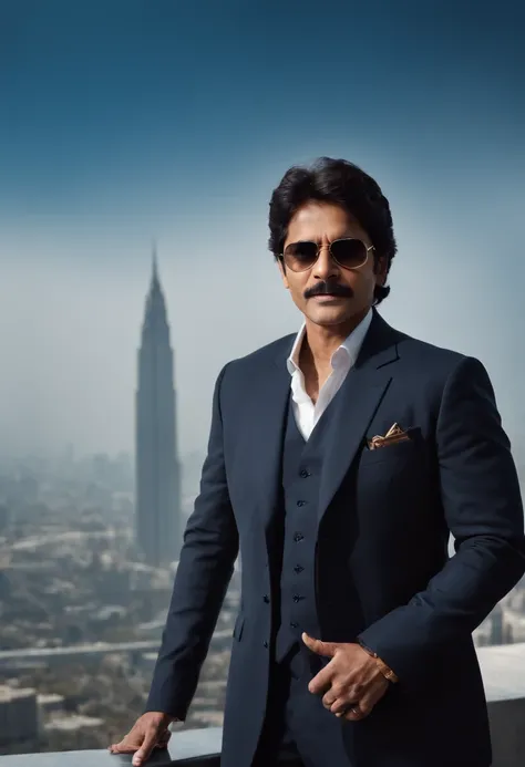 HERO NAGARJUNA STANDING IN SILHOUETTE IN MODERN SPY ATTIRE ON A BUILDING TOP, EPIC MOVIE POSTER, SKY SCAPERS AND LOT OF ACTION ELEMENTS IN BACKGROUND, AEROPLANES, HELICOPTERS, BIKE CHASE, GUN FIRING, ROMANCE ELEMENTS, HOLLYWOOD ACTION MOVIE POSTER, cool an...