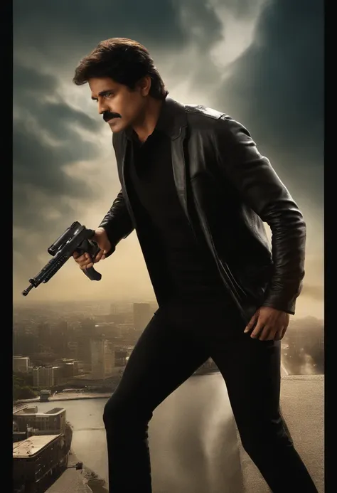 HERO NAGARJUNA STANDING IN SILHOUETTE IN MODERN SPY ATTIRE ON A BUILDING TOP, EPIC MOVIE POSTER, SKY SCAPERS AND LOT OF ACTION ELEMENTS IN BACKGROUND, AEROPLANES, HELICOPTERS, BIKE CHASE, GUN FIRING, ROMANCE ELEMENTS, HOLLYWOOD ACTION MOVIE POSTER, cool an...