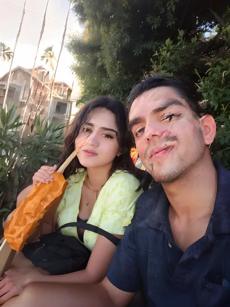 Theyre sitting outside eating a big piece of food on a stick, imagem de qualidade muito baixa, Charli Bowater e Artgeem, imagem de perfil, vacation photo, momma and papa, muito bobo olhando, com verruga, foto de perfil, foto do snapchat, taken in the early...