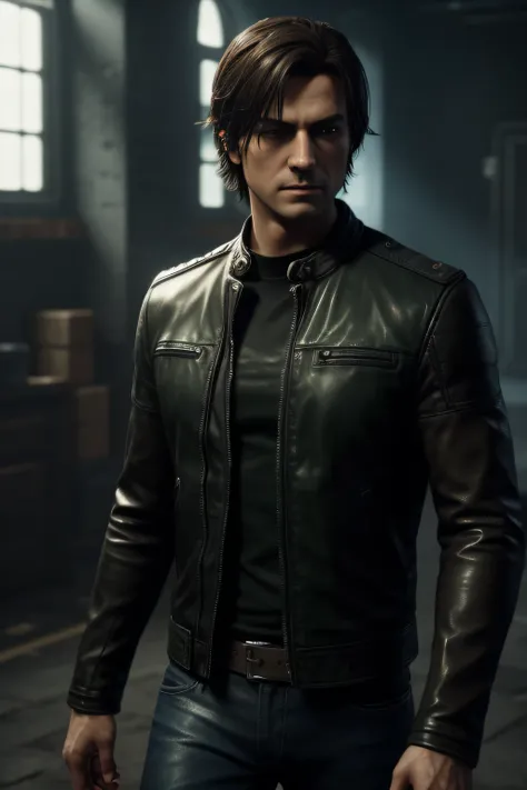 ((Video game)) PS5, best graphics, Video game, Male, 30s, ((Short)) Dark Brown Hair, good skin, light stubble, (Black leather jacket) black jeans, green eyes, built, good build, masculine, sharp eyes, chiseled jaw, game, (In Emotion), ((looking at someone)...