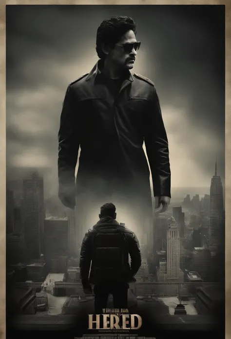 HERO NAGARJUNA STANDING IN SILHOUETTE IN MODERN SPY ATTIRE ON A BUILDING TOP, EPIC MOVIE POSTER, SKY SCAPERS AND  ACTION ELEMENTS, AEROPLANES, HELICOPTERS, BIKE CHASE, GUN FIRING, ROMANCE, TANKER FIRING, HOLLYWOOD ACTION MOVIE POSTER, cool and warm shades,...