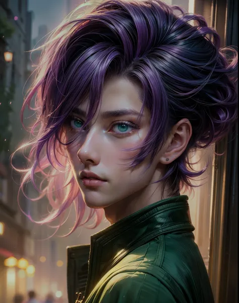 masterpiece, best quality, photorealistic, 1boy, solo, male focus, looking at viewer, , , (watercolor illustration, soft pastel colors:1.1), , , mao_saitou, purple hair, green eyes, , , 8k resolution