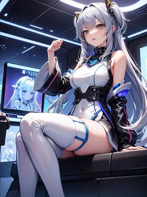 One girl、Inside the spacecraft、A girl and a beautiful sight are spreading。The walls and ceiling are covered with panels of futuristic design.、It has a fantastic glow。The interior of the ship is spacious々and々And々And々And、A variety of scientific instruments a...