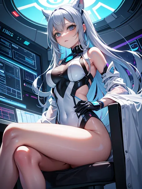 One girl、Inside the spacecraft、A girl and a beautiful sight are spreading。The walls and ceiling are covered with panels of futuristic design.、It has a fantastic glow。The interior of the ship is spacious々and々And々And々And、A variety of scientific instruments a...