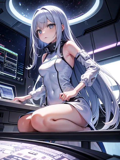 One girl、Inside the spacecraft、A girl and a beautiful sight are spreading。The walls and ceiling are covered with panels of futuristic design.、It has a fantastic glow。The interior of the ship is spacious々and々And々And々And々And、A variety of scientific instrumen...