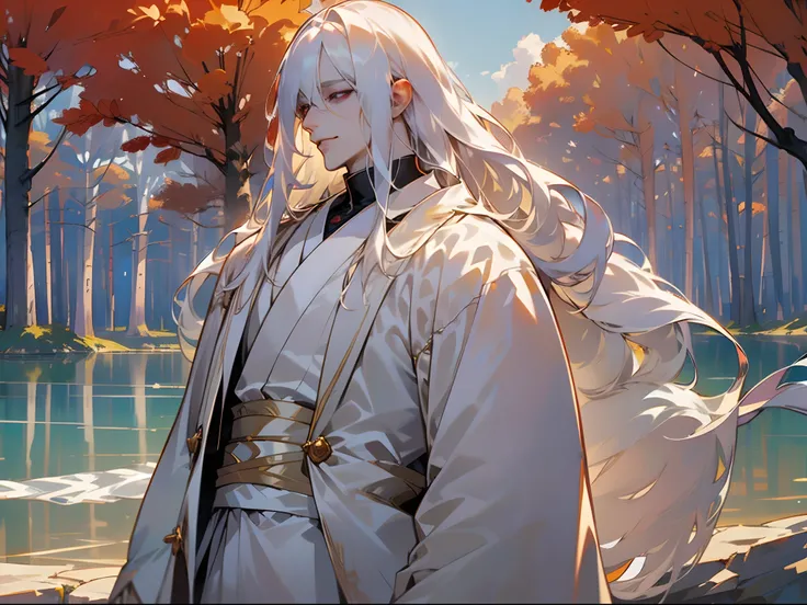 anime - stylistic image of a man with long white hair, man with white long hair standing in the lake and looking at the camera, ...