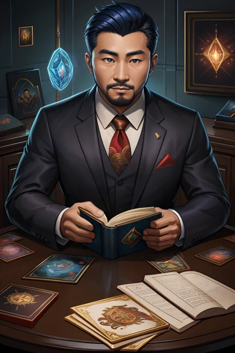 （best qulity，The Masterpiece），（Ultra-detailed colors），A detailed painting depicting A handsome 35-year-old Chinese mature man in a suit surrounded by a flurry of glowing Magic The Gathering cards and the book Dungeons and Dragons in the center.