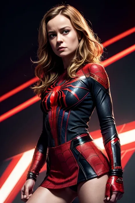 Brie Larson、Sticking out the navel、newyork、She wears a torn Spider-Man suit,wearing skirt、 Red and black color scheme,Dynamic、​masterpiece、top-quality、ultra-detailliert、ighly detailed、beautiful detailed brilliance、超A high resolution