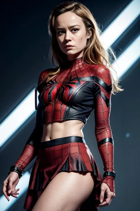 Brie Larson、Sticking out the navel、newyork、She wears a torn Spider-Man suit,wearing skirt、 Red and black color scheme,Dynamic、​masterpiece、top-quality、ultra-detailliert、ighly detailed、beautiful detailed brilliance、超A high resolution