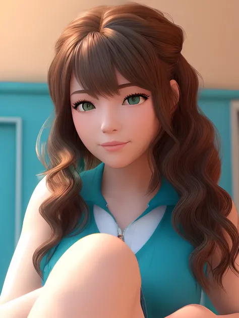 girl in Disney Pixar 3D animation style with wavy mid length hair that is brunette on top and fades into a teal color on the ends