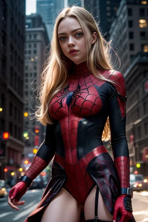 Amanda Seyfried、Sticking out the navel、newyork、She wears a torn Spider-Man suit,wearing skirt、 Red and black color scheme,Dynamic、​masterpiece、top-quality、ultra-detailliert、ighly detailed、beautiful detailed brilliance、超A high resolution