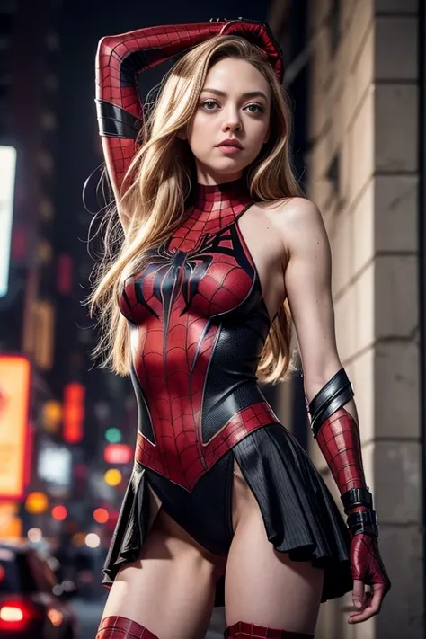 Amanda Seyfried、Sticking out the navel、newyork、She wears a torn Spider-Man suit,wearing skirt、 Red and black color scheme,Dynamic、​masterpiece、top-quality、ultra-detailliert、ighly detailed、beautiful detailed brilliance、超A high resolution