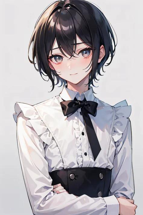 1boy, white eyes, black hair, refined face, beautiful face, soft eyes, shy, blushing 1.2, shy smile 1.2, short hair, wearing white ruffle top, formal black pants, close up, potrait, ((male))