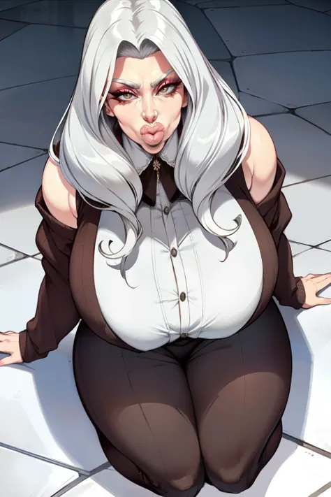 Old white woman as a principal, shot from above, on all fours, milf, mature, platinum hair, gray hair, long hairstyle, slim face, high cheekbones, big lips, full lips, up-turned nose, pointy nose, pouting, pouting lips, pale skin, 90s glamour makeup, tall,...