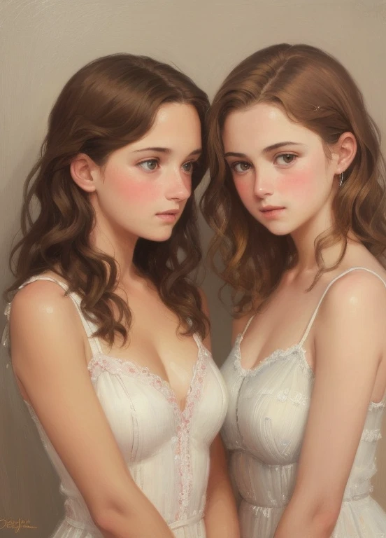 2 Different Girls, Beautiful teenage girls, extremely small breasts, short wavy brown hair, blushful, look at each other in embarrassment, portraite of a, oil painted, contemporary, Realistic Proportion, Intricate, intricate detials, Sharp focus