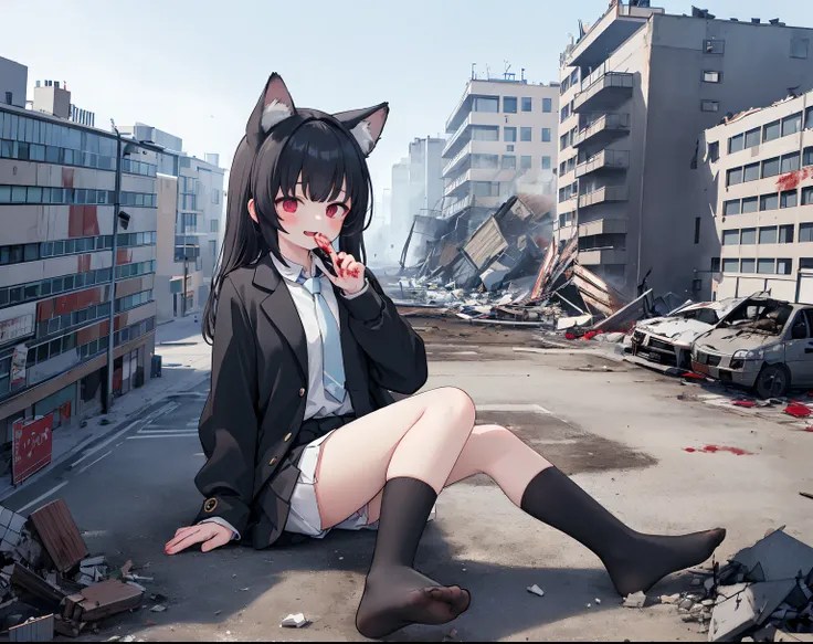 1girll, 16 yaers old, full bodyesbian,100 meters tall girl， Bigger than the building,No shoes，{Black stockings}，black sock，Black jacket with white shirt ，Blue tie，Black hair，Wolf ears，Light red eyes，A cold expression， Destroyed buildings, Sit on a destroye...