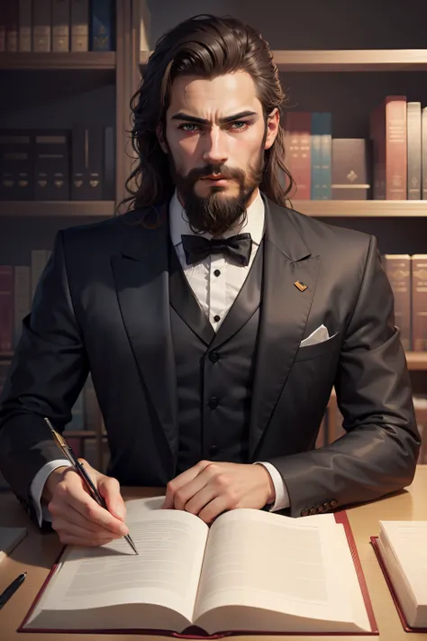 Make a philosopher in formal clothes, de longa barba vetorizados dentro de uma biblioteca lendo um livro