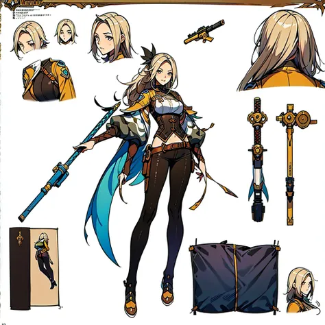 Close-up of a girl in a gun costume, ((character concept art)), ((character design sheet, same character, front, side, back)) maple story character art, video game character design, video game character design, maple story gun girl, expert high detail conc...