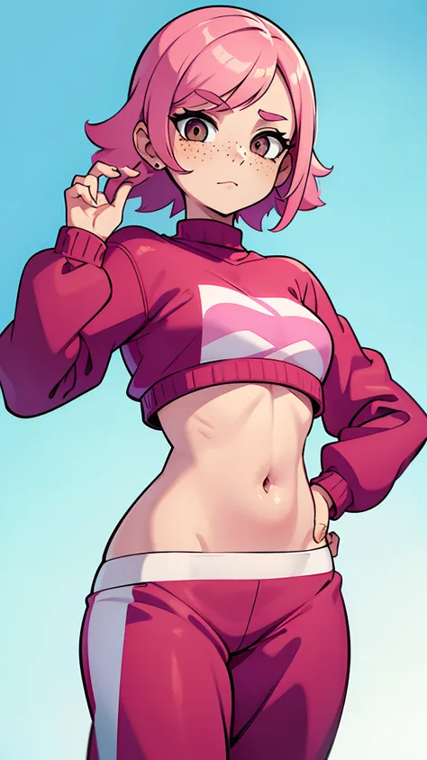 Woman in crop top and sweats, pastel pink hair, brown eyes, freckles, cute expression