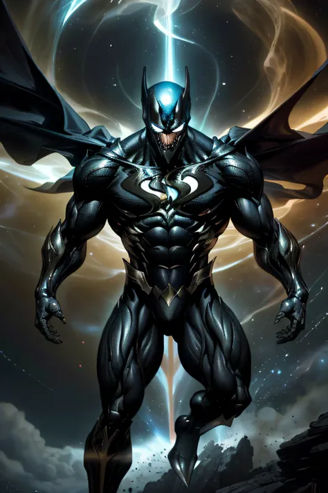 {{Una impresionante mezcla de Superman y Venom}}, Holding a sphere of energy firmly. Esta imagen, inspired by the fusion of heroic and dark elements, The unique combination of the two iconic characters stands out. La toma, Captured with a sharply focused l...