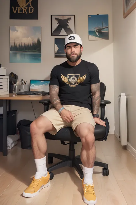 white skater daddy dilf wearing relaxing in his art studio, best quality, detailed, handsome dilf, scruffy, hairy arms and legs, skater dilf, relaxing, pubes, daddy, very hairy, thick beard, bald, calves, pubes, daddy, very hairy, white male, proportionate...