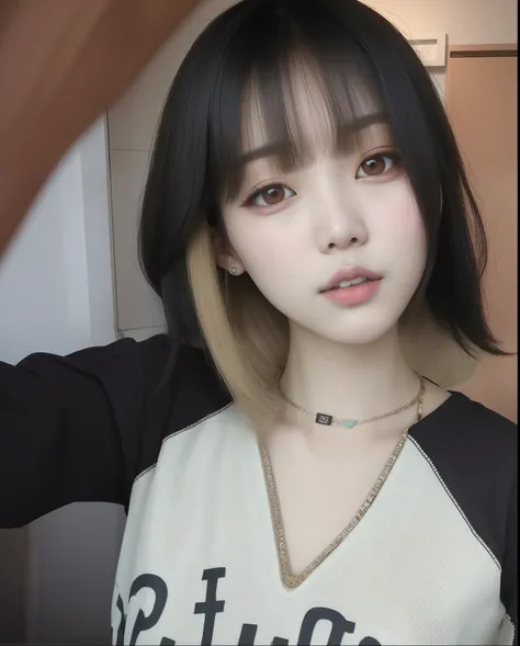 Arafed asian woman with a black and white shirt and a necklace, Ulzzang, com cabelos curtos, Dom Yunjoo, Jaeyeon Nam, menina coreana, Heonhwa Choe, com franja, com cabelo curto com franja, cruel korean goth girl, Jinyoung Canela, wan adorable korean face, ...