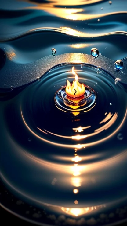 A drop of water drops on the clear water，There is a flame on the water droplet。