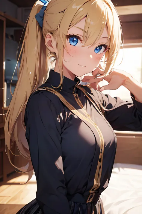 girl, solo, teenager, blonde hair, long hair, high pony tail, masterpiece,best quality, ultra-detailed, 1girl, Ecstatic face, blue eyes, wink, beautiful detailed glow, girl doing a jojo pose