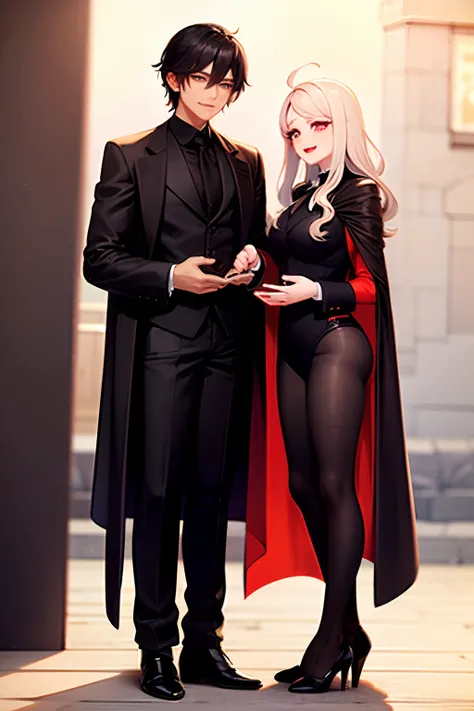 Full-body image。In a Western-style building at night、A female vampire dressed as a man and a young man in the genus are getting along。((The female vampire wears a white swallowtail suit,、He wears a black tailcoat))。(((Both of them are wearing black cloaks ...