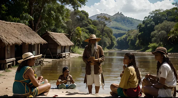 Descreva uma cena onde um explorador de origem espanhola, vestindo trajes marrom escuro da era de 1500, He is exchanging gifts and chatting with a group of indigenous South American people on the banks of a brown-water river. A luz do dia cria uma atmosfer...