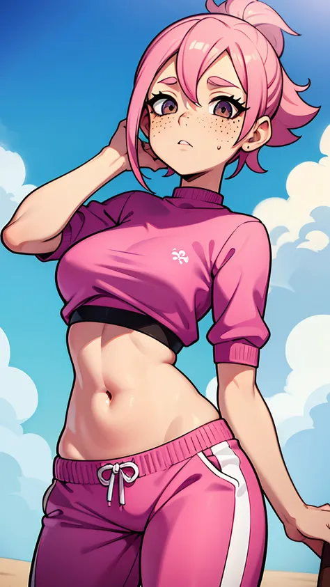 Woman in crop top and sweats, pastel pink hair, brown eyes, freckles, cute expression