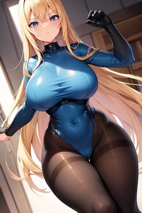 1girl, blonde hair, large breasts, breasts, thick thighs, wide hips, blue eyes, bodysuit, black bodysuit, pantyhose, long hair, serious, science-fiction, tech, futuristic, black pantyhose, thighhighs, neon, blue clothes, black clothes