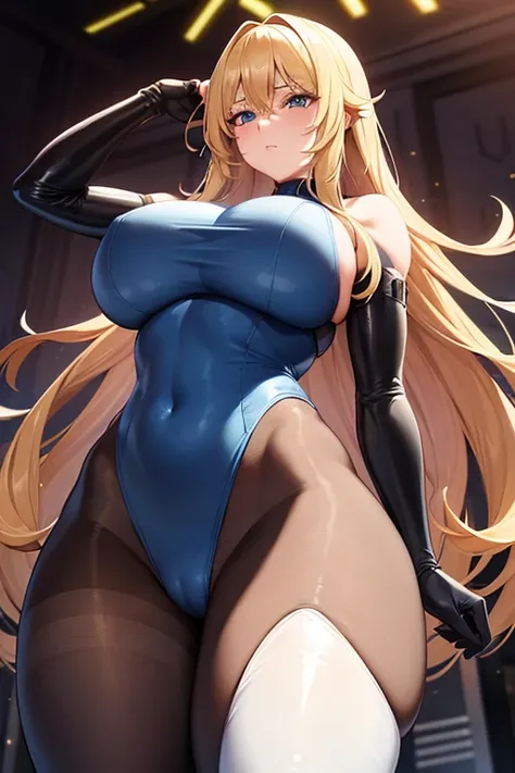 1girl, blonde hair, large breasts, breasts, thick thighs, wide hips, blue eyes, bodysuit, black bodysuit, pantyhose, long hair, serious, science-fiction, tech, futuristic, black pantyhose, thighhighs, neon, blue clothes, black clothes