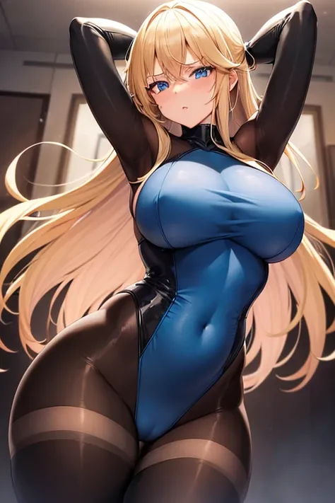 1girl, blonde hair, large breasts, breasts, thick thighs, wide hips, blue eyes, bodysuit, black bodysuit, pantyhose, long hair, serious, science-fiction, tech, futuristic, black pantyhose, thighhighs, neon, blue clothes, black clothes