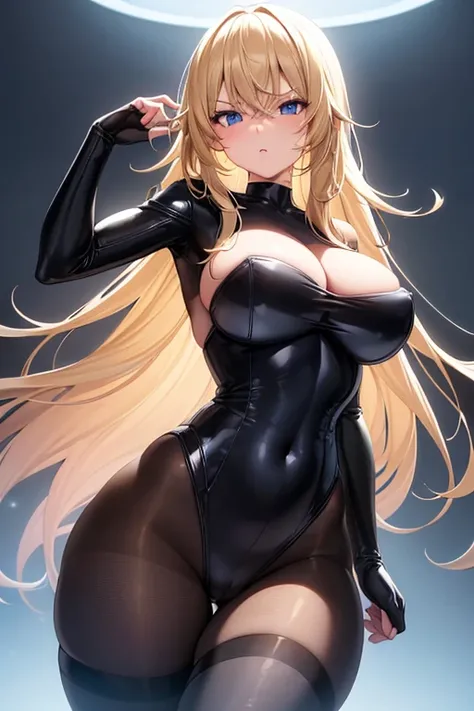 1girl, blonde hair, large breasts, breasts, thick thighs, wide hips, blue eyes, bodysuit, black bodysuit, pantyhose, long hair, serious, science-fiction, tech, futuristic, black pantyhose, thighhighs, neon, black clothes, machinery