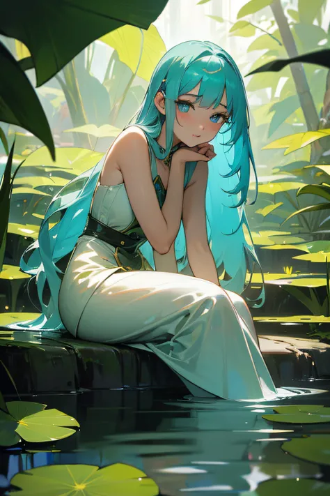 (best quality,4k,highres,masterpiece:1.2),ultra-detailed,realistic:1.37,a beautiful girl,gleaming detailed eyes and face,beautifully detailed lips,flowing long hair,gently resting on the edge of a serene pond.

The girl is gracefully sitting on a rock, sur...