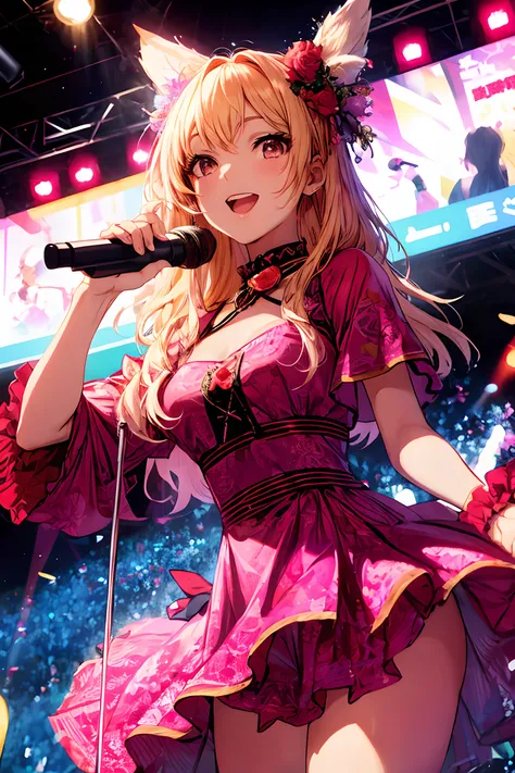 A extremely pretty and beautiful K-pop female idol, singing at live stage in ゴンドラ, 
BREAK,
Close-up of face, singing scene, dress scene, looking the viewer, 
BREAK,
Represent idol in bright colors, Represent idol dress in colorful colors, Represent idols s...