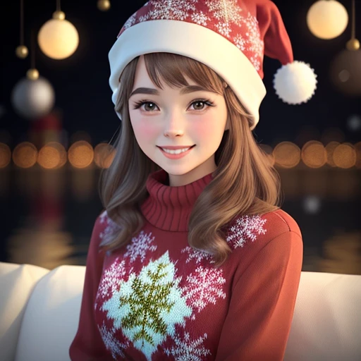 Cute vintage art style of a sitting woman, dark Christmas hat, with a smile on the front, wearing a Christmas sweater with the name "Katy" written in gold and with brown eyes and neck-length brown hair with gray highlights.  .  3D, with Christmas backgroun...