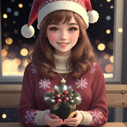 Cute vintage art style of a sitting woman, dark Christmas hat, with a smile on the front, wearing a Christmas sweater with the name "Katy" written in gold and with brown eyes and neck-length brown hair with gray highlights.  .  3D, with Christmas backgroun...