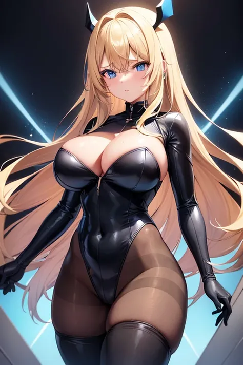 1girl, blonde hair, large breasts, breasts, thick thighs, wide hips, blue eyes, bodysuit, black bodysuit, pantyhose, long hair, serious, science-fiction, tech, futuristic, black pantyhose, thighhighs, neon, machinery, hair ornament, ornament, neon trim