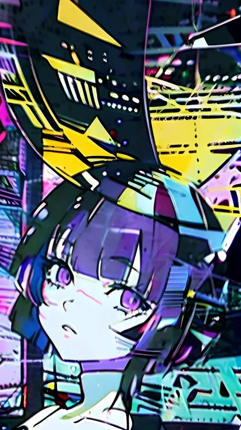 A close-up of a cartoon girl in a purple and yellow dress, dreamy psychedelic anime, anime art, Portada del anime, Arte de anime clave detallado, pop art, hyperpop, neon colors