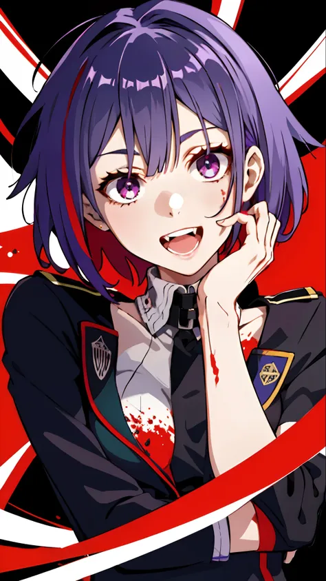 original character , 1girl, (crazy smile:1.2) , short purple hair , bangs , crazy eyes , hands on face , blood splatter on face ...