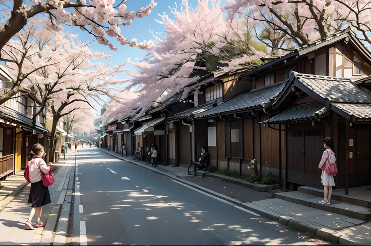 Cherry blossom in a street of a Japanese small touristic city, near to a river, people walking wearing Spring clothing, kids playing,  sunny Spring morning, highly detailed, wide angle, great angular.