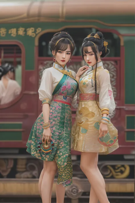 ((realistic:1.5)),ulzzang-6500:1.3，((best quality)), ((masterpiece)),((detailed)),2girls,duo,railway station 1920's shanghai,ret...