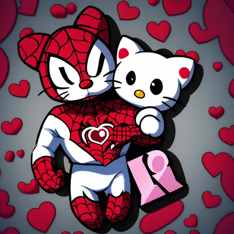 Hello Kitty with spider man holding G+B letters with a heart background